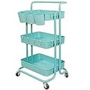 Ceeyali 3-Tier Rolling Utility Cart Storage Organizer Shelf Cart with Lockable Wheels and 3PCS Cups and 8PCS Hooks for Home Kitchen,Bathroom,Office,Laundry Room etc. (3 Cup 8 Hook Blue)