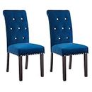 Fabric Dining Chairs Set of 2, DRM'SCUUM Comfy Blue Velvet with Buttons and Nails, Wooden Frame and Rubber Wood Legs, for Kitchen and Dining Room