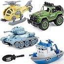 Kiddie Galaxia® Military Army Foldable Vehicles Car Toy 4 Pack with Screwdriver Toy, DIY Kids STEM Toys Including Helicopter,Jeep,Tank and Boat for Toddlers Birthday Gifts for Boys 2 3 4 5 6 Year