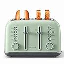 BUYDEEM DT640 4 Slice Toaster, Extra Wide Slots, Retro Stainless Steel with High Lift Lever, Bagel and Muffin Function, Removal Crumb Tray, 7-Shade Settings (Cozy Greenish, 4-Slice)