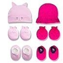 New Born Baby Boys Girls Infant Accessories Cotton Printed Cap Mitten Booties Set Combo Pack of 2 (Multicolor; 0 to 3 Months) (PINKCMAGENTAJ)