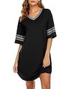 Ekouaer Women's Nightgown Cotton Sleep Shirt V Neck Short Sleeve Loose Comfy Pajama Sleepwear,Black,S
