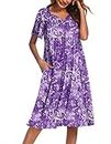 Ekouaer Womens, Nightgown Nightshirt, Short Sleeve, Lounger House Dress-Floral, Mumu Patio Dress with Pockets, Floral Purple, 3X-Large