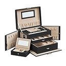 SONGMICS Jewelry Box 3 Layers, Jewelry Organizer with 2 Drawers, Jewelry Case with Portable Travel Case, Black UJBC121B