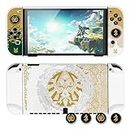 DLseego Zelda Protective Case for Switch OLED New Model, Dockable Hard Shell Cute Cover Case for Zelda Joycon Controller with 4PCS Thumb Grips Caps - White Kingdom
