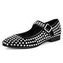 DOEYG Rhinestone Mary Jane Flats Shoes for Women Sparkly Ballet Flats Comfortable Casual Square Toe Ballerina Shoes, Black-rhinestone, 7
