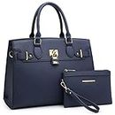 Dasein Women Handbags and Purses Ladies Shoulder Bag Top Handle Satchel Tote Work Bag with Matching Clutch, 23- Blue, Decorative Lock Style