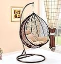 Hindoro Rattan Wicker Wrought Iron Single Seater Swing Chair with Stand & Cushion & Hook Outdoor || Indoor || Balcony || Garden || Patio || Living Outdoor Furniture (Brown with Beige, Oval)