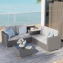 Grand patio Outdoor Conversation Sets, 4 Pieces Wicker Patio Furniture Sets with Storage Box and Rattan Coffee Table for Patio Backyard Garden, Light Gray