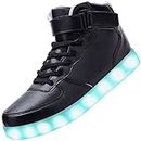 PADGENE, sneaker alte, unisex, con luci a LED lampeggianti di 7 colori diversi, caricamento con presa USB, Nero (Black), 43 EU