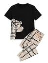 GORGLITTER Men's 2 Piece Outfit Graphic Tee T-Shirt and Drawstring Waist Plaid Pants Set Black and Khaki Large