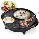 CREDLY Smokeless Grill Double Layer Household Electric Baking Pan 2 in 1 Multi functional Nonstick Electric BBQ Raclette Hotpot with Grill Pan