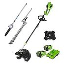 Greenworks Cordless Lawn Trimmer 40V 40cm, 25cm Brush Cutter Blade, Pole Hedge Trimmer and Chainsaw Attachment, incl. 2 Battery 2Ah & Charger
