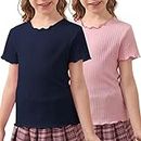 GORLYA 2 Pack Girls Lettuce Trim Basic Solid Tee Shirts Ribbed Knit Casual Blouse Tops for 4-14T(GOR1106,6Y,Navy+Pink)