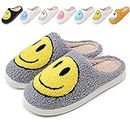 Cute Smile Face Slippers for Women and Men,Soft Plush Comfy Warm Couple Slip-On House Happy Face Slippers For Winter Indoor Outdoor Smile Slippers Non-slip Fuzzy Flat Slides, Gray Yellow, 10.5-11.5
