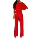 besiyes Women Casual Summer Jumpsuit 2024 Short Sleeve V Neck Romper Belted Wide Leg Pants One Piece Overalls with Pockets, Red, X-Large