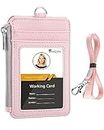 Teskyer Badge Holder with Side Zip Pocket, Multiple Card Slots Leather ID Holder Wallet with Neck Lanyard for Office Staffs, School, Workers, Cruise Cards, Metro Cards, Lichee Light Pink
