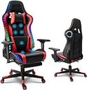 Professional Gaming Chair with LED Lights and Speakers, Music Video Chair with Massage and footrest, high Back Chair with headrest and Lumbar Support 4D armrests (Red)