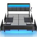 Rolanstar Bed Frame Queen Size with Charging Station and LED Lights, Upholstered Storage Headboard with Drawers, Heavy Duty Metal Slats, No Box Spring Needed, Noise Free, Easy Assembly, Dark Grey