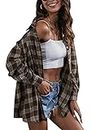 HangNiFang Oversized Flannel Plaid Shirts for Women Long Sleeve Button Down Shirts Blouse, Coffee, Large