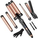 5 in 1 Wand Curling Iron-Kinked Curling Wand Set with Flat Iron Hair Straightener, 3 Barrels Hair Crimper, 3 Ceramic Curling Irons (0.35 "-1.25"), 2 Temps Fast Heat Hair Waver Curler with Glove & Clip