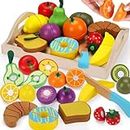 Wooden Play Food Montessori Toys for 2 3 4 Year Old Girls Boys, Cutting Toys for Kids 3-8, Kitchen Accessories Playset Velcro Toy Knife Learning Educational Fine Motor Skills Toddler Birthday Gift