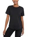 Women's Gym Tops Ladies Workout Running T-Shirt Activewear Gym Yoga Sports Top Loose Crew Neck Quick Dry Short Sleeve Tee Shirts Black