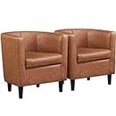 Yaheetech Accent Chair, PU Leather, Modern and Comfortable Armchairs, Upholstered Barrel Sofa Chair for Living Room Bedroom Waiting Room, 2PCS, Brown