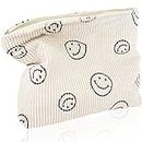 Corduroy Smile Cosmetic Bag，Travel Makeup Pouch with Zipper Aesthetic Toiletry Bag Handbags Travel Bag Makeup Organizer (Creamy-White)