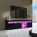 Modern TV Stand for Living Room with LED Lights 3 Doors Storage, High Gloss Black TV Stand, TV Entertainment Center for Home Furniture, Television Stands 180cm