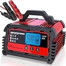 LVYUAN Smart Battery Charger 5/10/20A 12V and 5/10A 24V Automatic Battery Maintainer Auto-Voltage Detection ,LDC Display,for Tester for Car Motorcycle Lawn Mower AGM GEM Lead Acid Batteries (Red)