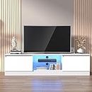 Cozy Castle TV Schrank Hochglanz, TV Lowboard für Fernseher bis zu 70 Zoll, Fernsehtisch mit LED-Leuchten, 160x40x35cm, Weiß