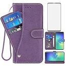 Compatible with Samsung Galaxy S10 Plus Wallet Case Tempered Glass Screen Protector Flip Credit Card Holder Stand Cell Phone Cover for Glaxay S10+ Galaxies S10plus 10S Edge S 10 10plus Cases Purple