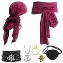 7 Pieces Pirate Costume Accessories Women's and Men's Medieval Clothing Belt Hijab Eye Mask Earrings Necklace Bracelet Ring Halloween Costume Accessories Pirate