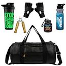 Premium Gym Accessories Combo Set for Men and Women Duffle Gym Bags for Men Workout with Whey Bottle,Gripper,Duffle Bag,Hand Gloves Sipper/Shaker -All-in-One Fitness Gym Kit (Black+Green)