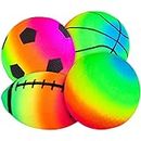 Hxezoc 4 Pack Rainbow Sports Balls Set 6 Inch Inflatable Vinyl Balls with Added Hand Air Pump, Neon Basketball, Soccer, Volleyball and Football for Kids and Toddlers Playground Indoor and Outdoor Use