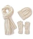 Villand 3 in 1 Womens Wool Hat Gloves & Scarf Winter Set, 3 Piece Cable Knitted Beanie Hat for Women with Gift Box, Beige