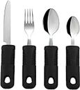 Adaptive Utensils (4-Pieces) Wide, Non-Weighted, Non-Slip Handles for Hand Tremors, Arthritis, Parkinson’s or Elderly use - Stainless Steel Knife, Fork, Spoons - Black
