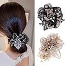 2 Packs Flower Hair Scrunchies for Women, Leaf Embroidery Acrylic Pearl Elastic Hair Ties, Elegant Hair Band, Hair Accessories for Parties, Daily Use (A#)