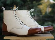 NEU - Handarbeit Herren weiß & braun zweifarbig knöchelhoch Schnürleder Stiefel/Schuhe