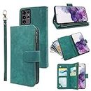 Compatible with Samsung Galaxy S21 Ultra Glaxay S21ultra 5G Wallet Case and Premium Vintage Leather Flip Credit Card Holder Cell Accessories Phone Cover for Gaxaly 21S S 21 21ultra G5 Women Men Green