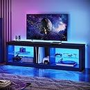 RUN.SE TV Stand with LED Strip for 60 Inch TVs, Gaming TV Consoles Modern Entertainment Center with Adjustable Glass Shelves, 16 Dynamic RGB Mode for Living Room (Black)