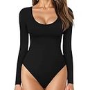 PALAY® Women's Scoop Neck Long Sleeve Bodysuit Slim Fit Stretchy Casual Daily T-shirt Bodysuit Jumpsuits Basic Tops, L