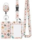 Pawfly Floral Sliding Badge Holder Pink Flower Plastic Case with Retractable Badge Reel Carabiner Clip and Detachable Lanyard Strap Hard Vertical Card Protector for Women Nurse Teacher Student
