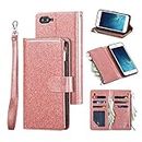 QLTYPRI Wallet Case for iPhone 7 iPhone 8 iPhone SE 2020, Zipper Pocket Wallet Case Premium Glitter PU Leather Card Holder Slots with Kickstand Wrist Strap Magnetic Closure Cover - Rose Gold