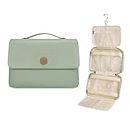 Toiletry Bag for Women, Hanging Travel Makeup Organizer with 4 Compartments, Pu Leather Waterproof Toiletry Cosmetic Bag for Full Sized Toiletries Green