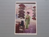 Japón Hermosa Mujer en Kimono en la Fan Shop Tarjeta Postal Color Vintage