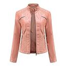 Women's Leather Standing Collar Slim Fitting Motorcycle Jacket Leather Jacket,Pink,Large