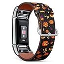 Compatible with Fitbit Charge 2, Patterned Leather Replacement Band (Halloween pumpkin pattern)