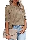 Dokotoo Cute Tops for Women Dressy Casual Shirred Half Sleeve Blouses for Women Fashion 2024 Summer Crewneck Lace Textured Brown Oversized t Shirts Large